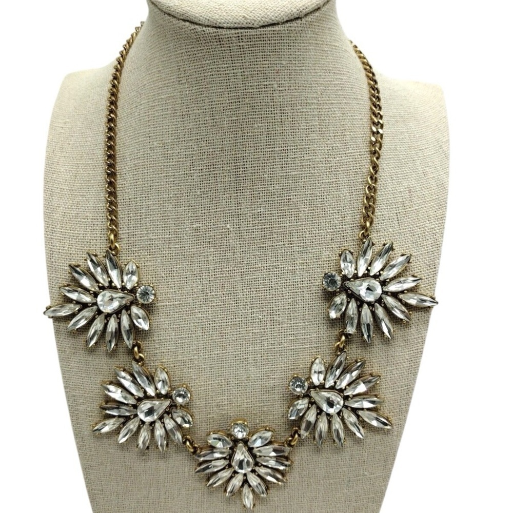 J Crew Gold Necklace Crystal Statement Necklace – Floral Cluster Design